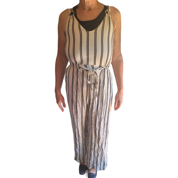 Shoreline Womens Striped Wide Leg Jumpsuit Small Black White Sleeveless O-Ring - Picture 1 of 9